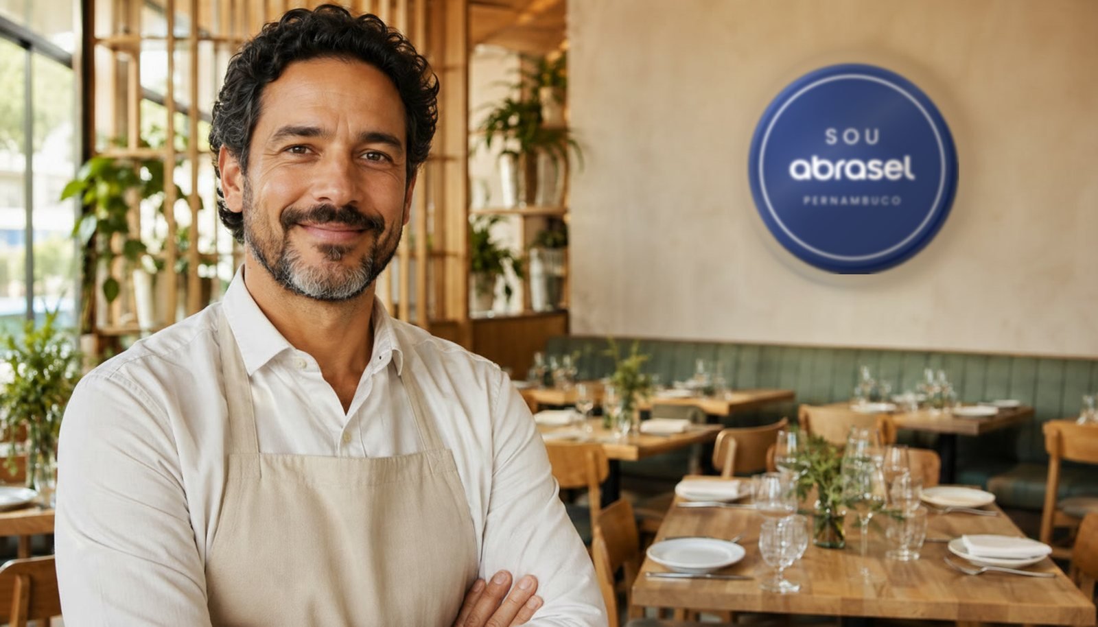 Dono de restaurante no salão da própria casa, com a placa Sou Abrasel Pernambuco na parede